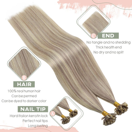 Ugeat U Tip Hair Extension Human Hair 1g/s Nail U Tip Hair For Women 14-24" Pre Bonded Hair Extensions 50g/100g Keratin Tip Hair