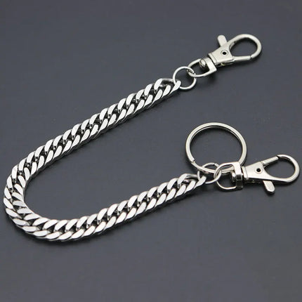 Long Metal Wallet Chain Leash Pant Jean Keychain Ring Clip Men's Hip Hop Flat Stainless Steel Necklace Jewelry