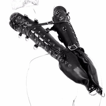 Kinky Women PU Leather Opera Full Length Gloves Arm Restraint Lockable Lacing and Buckling Double Mitts Fetish Costume