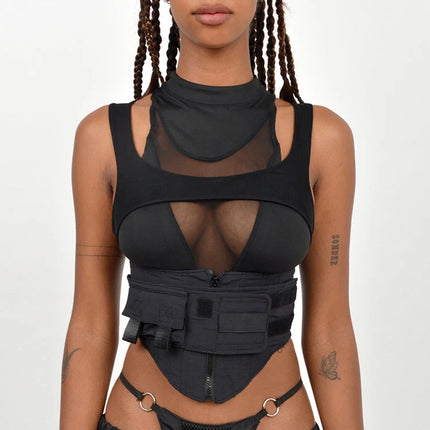 Sisterlinda Spring Mesh Patchwork Sexy Cool Moto Y2K Tank Top Women Skinny Belt Zip Multi-Layer Sporty Locomotive Trend Vest2022