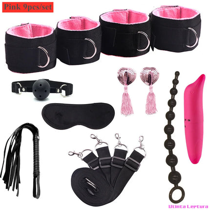 Sex Tools for BDSM Bondage Restraint Adult S&M Fetish Games Set Vibrator Handcuffs Ankle Bed Toys Kits for Couples