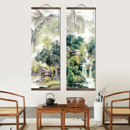 Chinese Traditional Style Four Seasons Landscape Canvas for Livingroom Wall Art Poster Solid Wood Scroll Paintings Home Decor