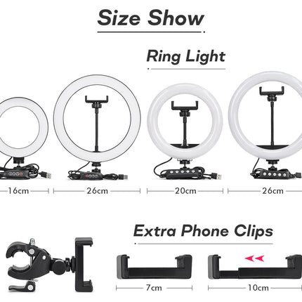 Tripod With LED Ring Light For Phone Tripod Camera Stand Selfie Photography Light LED Lamp Color Photo Studio For YouTube Live