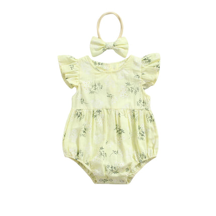 Baby Romper with Hairband, Kids Floral Print Round Neck Fly Sleeve Bodysuit+ Headband for Summer, Blue/Yellow, 0-24 Months