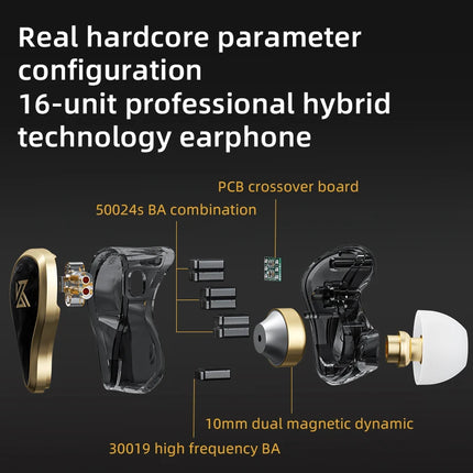 KZ ZAS Metal Wired Earphone 16-Unit Hybrid Technology Music Bass In-Ear Monitor Headset Sport Game Noice Cancelling Headphones