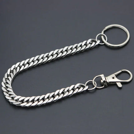 Long Metal Wallet Chain Leash Pant Jean Keychain Ring Clip Men's Hip Hop Flat Stainless Steel Necklace Jewelry