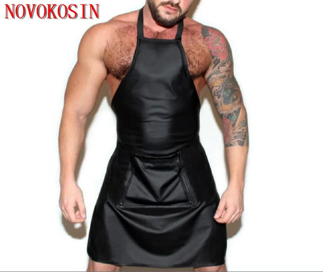 M-2XL Sexy Black Soft Faux Leather Men Front Open Crotch Zipper Pocket Apron DS Night Club Pinafore Backless Sexy Lingerie
