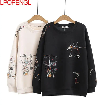 Harajuku Sweatshirt Women 2026 Autumn Winter New Fashion Casual Stitch-embroidered Long-sleeved O- Neck Breathable Hoodie Top