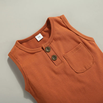 Pudcoco 2 Pcs Newborn Summer Outfits, Baby Solid Color Round Neck Tank Tops with Pocket + Drawstring Shorts 0-3T