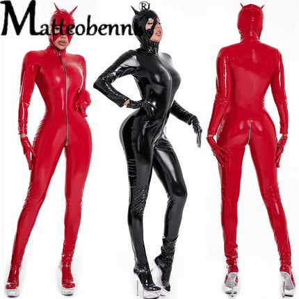 Women Sexy Wetlook Latex Catsuit with Mask PVC Faux Leather Jumpsuit Lady Erotic Costume PU Lingerie Bodysuit Clubwear Oversized