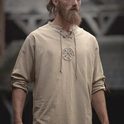 Men Plus Size Shirt Top Ancient Viking Embroidery Lace Up V Neck Long Sleeve Shirt Top For Men's Clothing