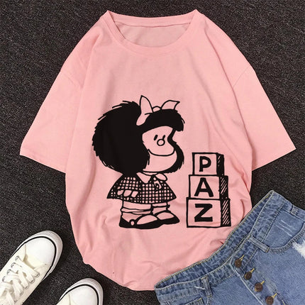 2020 New Summer Fashion Female Pink Tops Mafalda Cute Graphic Print T-shirt Women Harajuku Aesthetic White Tops Kawaii Tshirt