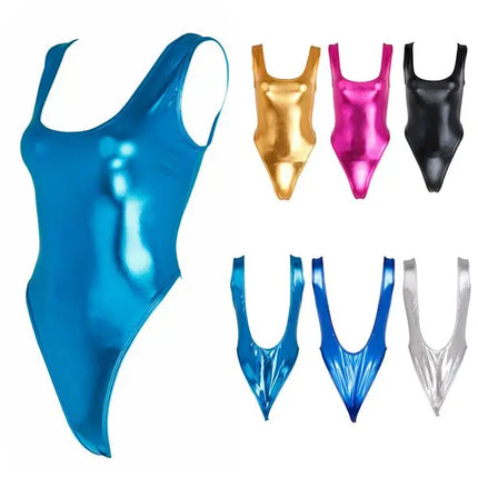 Womens Sleeveless High Cut Bodysuit Leotard Thong Swim Teddies Swimwear Swimsuit Patent Leather Thong Gymnastics Stage Dancewear