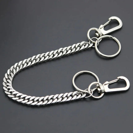 Long Metal Wallet Chain Leash Pant Jean Keychain Ring Clip Men's Hip Hop Flat Stainless Steel Necklace Jewelry