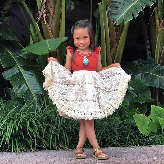 Toddler Baby Girls Kids Moana Polynesian Princess Fancy Dress Sister Matching Lace Patchwork Book Week Costume Sundress