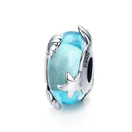 WOSTU 925 Sterling Silver Blue Conch Charm Ocean Bead Animal Turtle Starfish Pendant Fit Original Bracelet Necklace DIY Jewelry