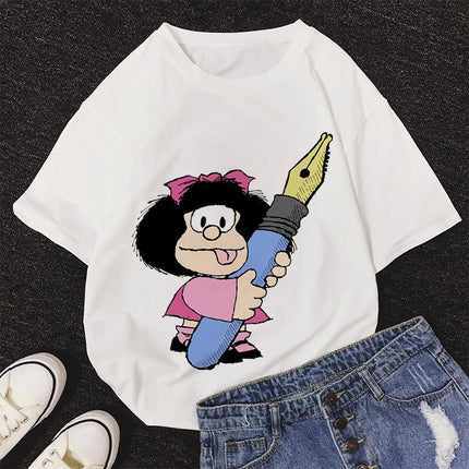 2020 New Summer Fashion Female Pink Tops Mafalda Cute Graphic Print T-shirt Women Harajuku Aesthetic White Tops Kawaii Tshirt