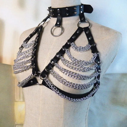 Sexy BDSM Leather Body Harness Chain Bra  Accessoriess for Women Goth Punk Metal Tassel Chest Bra Breasts Body S1143