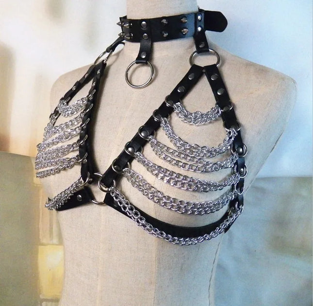 Sexy BDSM Leather Body Harness Chain Bra Accessories for Women Goth Punk Metal Tassel Chest Bra Breasts Body S1143
