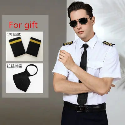 Super Quality Pilot Shirt Mens White Airline Pilot Uniforms Hair Stylist Fashion Slim Fit Workwear Big Size Male Clothing