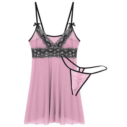 Men Women Babydoll Sleepwear Lace Trim Sissy Lingerie Sets Sling Straps Cross Dress with G-Strings Chemise Nightwear Clubwear