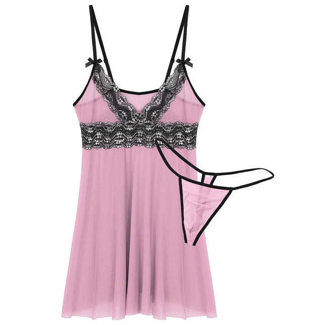 Men Women Babydoll Sleepwear Lace Trim Sissy Lingerie Sets Sling Straps Cross Dress with G-Strings Chemise Nightwear Clubwear