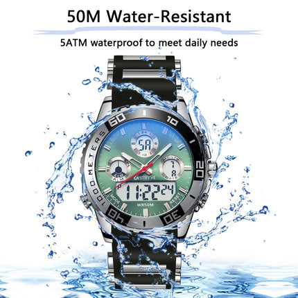 STRYVE 8023 Men's Watch Electronic Quartz Dual Movement Rubber Strap Date Week Luminous 50M Water Resistant Fashion Sports Watch