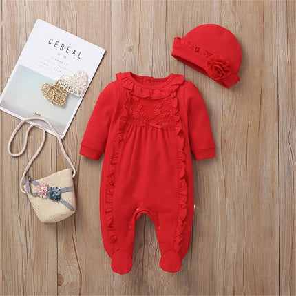 Newborn Baby Girls Romper Jumpsuit Long Sleeve Lace Ruffle Infant  Jumpsuit with Cap Toddler Clothing 0-12M