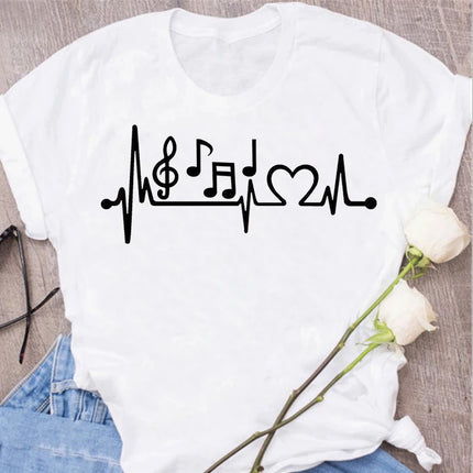 New Harajuku Funny Music Note Art T-Shirt Fashion Women T-Shirt Music Tops Short Sleeves Black T-Shirt Ladies Casual Tees Top