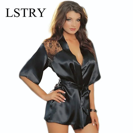 New Sexy Night Gown Women Erotic Underwear Hot Sexy Lingerie Plus Size Satin Lace Black Kimono Intimate Sleepwear Robe Sexy Nigh