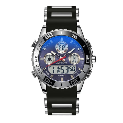STRYVE 8023 Men's Watch Electronic Quartz Dual Movement Rubber Strap Date Week Luminous 50M Water Resistant Fashion Sports Watch