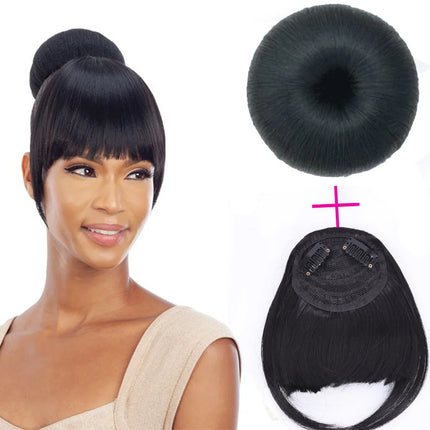 Synthetic Fake Hair Bun And Bang Set Heat Resistant Fiber Chignons HairPiece Ponytail Wig For Women Clip in Hair Extension
