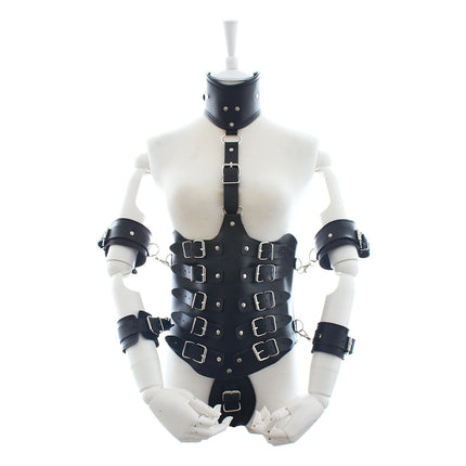 Thierry Lockdown Leather Cincher Corset, Body Bondage Straitjacket With Arm Cuffs Handcuffs Neck Collar, Harness Sex Game Toys