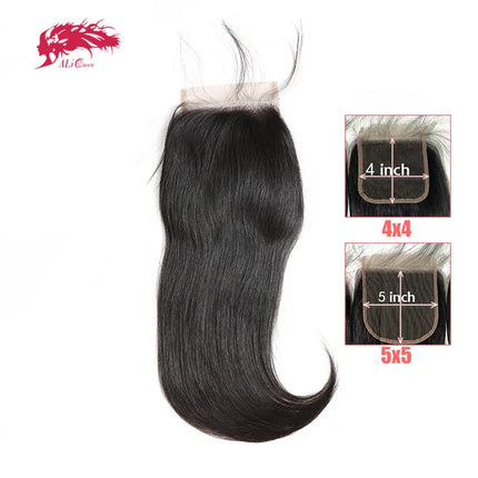Ali Queen Hair 4x4 5x5 HD Lace Closure Brazilian Straight Lace Closure With Pre Plucked Hairline 10"-20"