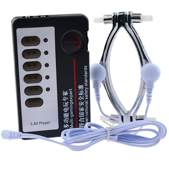 Female Pussy Labia Electric Shock Pussy Metal Clamps Vagina Hollow Peek Adult Game SM Bondage Clitoris Women Sex Toys