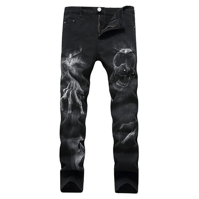 2026 Dark Streetwear Skull Print Punk Stretch Slim Y2K Jeans Pants For Men Clothing Hip Hop Cotton Long Trousers Ropa De Hombre