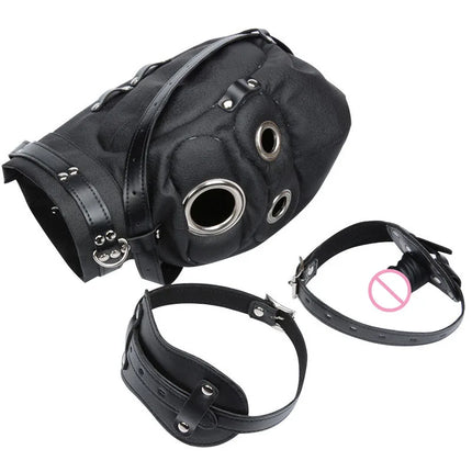 SM Leather Padded Hood Blindfold With Open Mouth Penis Gag Dildo Gag,Fetish Slave BDSM Bondage Head Harness Sex Mask Erotic Toys