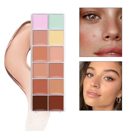 VERONNI 12Color Concealer Palette with Brush-Natural Cream Acne Spot Dark Circles Cover Face Foundation Brighten Cosmetic Makeup
