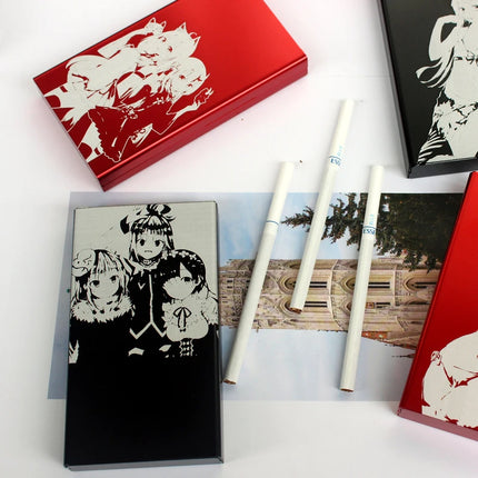Animation Anime Derivatives Black Red Thin Slim Cigarette Case For Women Metal Aluminum Alloy Sliding Cigarette Box Man Custom
