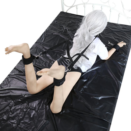 Bondage Neck Collar to Handcuffs Wrist Ankle Cuffs Bed Boundage Roleplay Faux Leather Bed Sheet BDSM Couple Games Adult Sex Toy