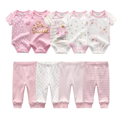 Newborn Clothes Set Bodysuits+Pants 9Pcs Baby Girl Outfits Pink Sweet Toddler Boy Autumn Clothing 0-12M Infant Birth Gift Soft