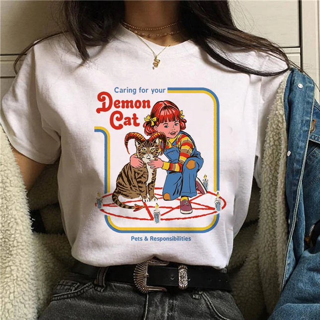 Harajuku Funny Female T-shirt Satan Vintage Graphic Tees Dogs Mommy Can We Keep Him Fashion Short Sleeve T Shirt Women Tops