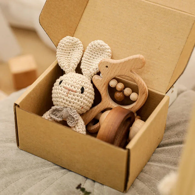 Let's Make 4pcs/set Wooden Rattle Sets Cartoon Animal Crochet Rattle Wood Car Block Soother Teether Set Montessori Toddler Toy