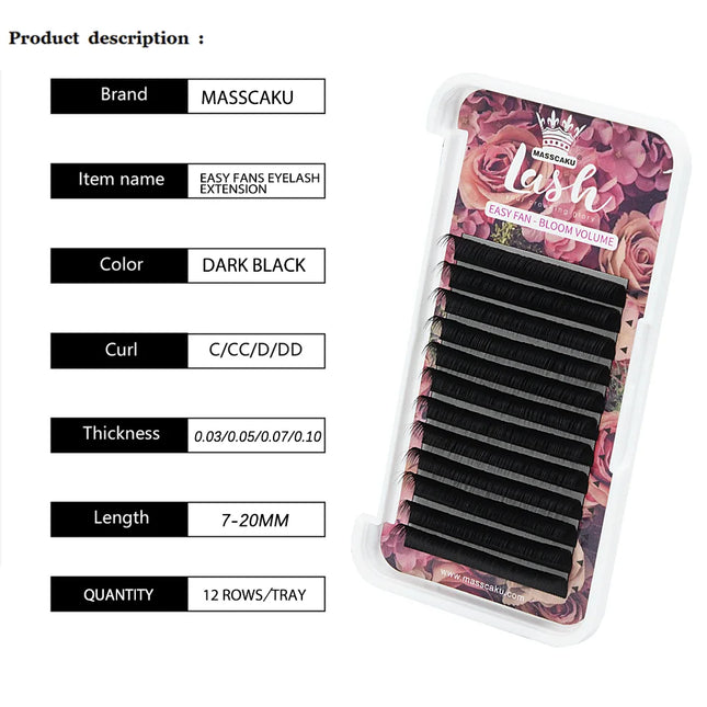 5Cases/Lot MASSCAKU Easy Fan Bloom Eyelash Extension Automatic Flowering Fast Fan Self-Making Fans Volume Lashes Supplies