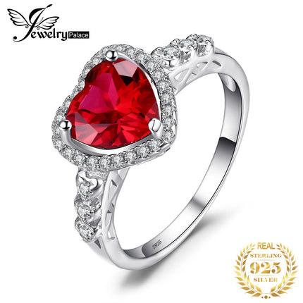 JewelryPalace Heart Love Created Red Ruby 925 Sterling Silver Rings for Women Fashion Gemstone Jewelry Halo Engagement Band