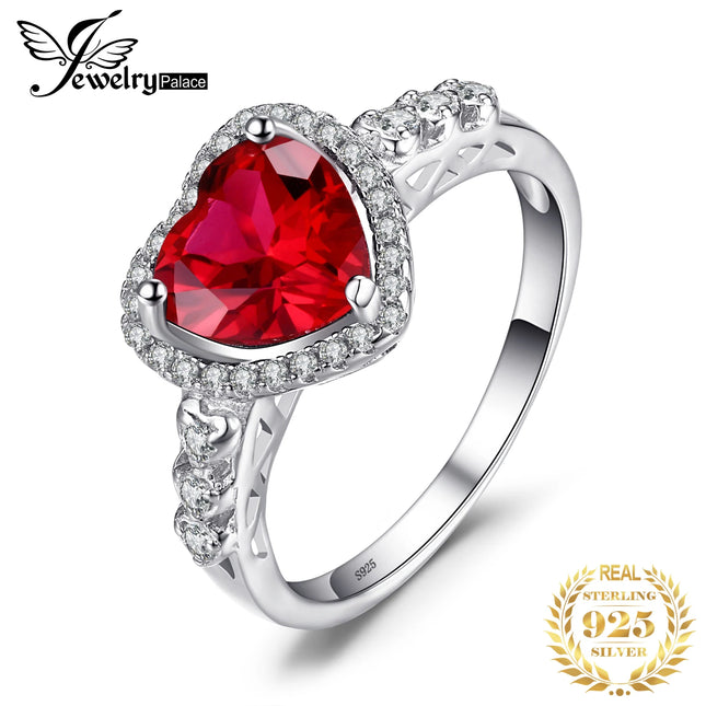 JewelryPalace Heart Love Created Red Ruby 925 Sterling Silver Rings for Women Fashion Gemstone Jewelry Halo Engagement Band