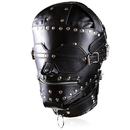 PU Leather Total Sensory Deprivation Full Head Bondage Hood Headgear Mouth Open Lockable Gimp Bondage BDSM Sex Toy for Couple