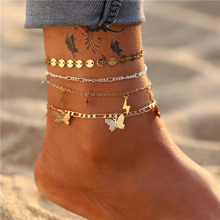 Fashion Gold Color  Snake Chain Multilayer Anklets Women Beads Anklet Leg Chain Ankle Bracelets Beach Foot Jewelry Accessories