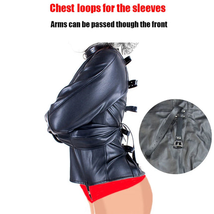BDSM Leather Lingerie Straitjacket with Crotch Strap,SM Games Bondage Straight Jacket Harness,Slave Role Gimp Costumes Sextoys