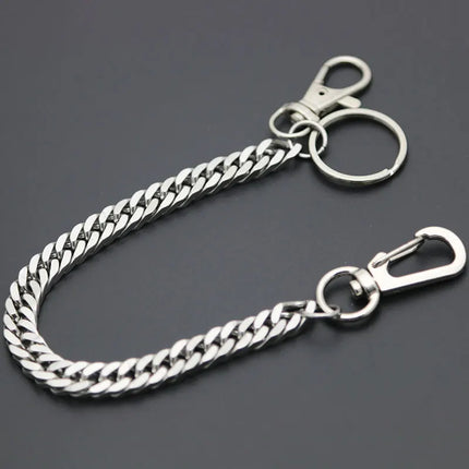 Long Metal Wallet Chain Leash Pant Jean Keychain Ring Clip Men's Hip Hop Flat Stainless Steel Necklace Jewelry